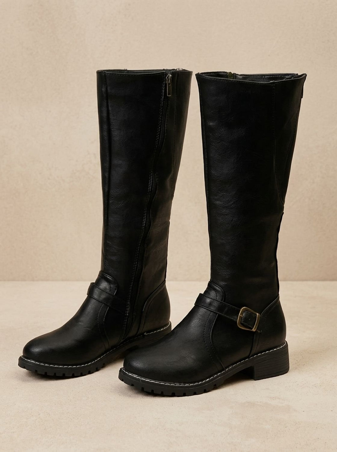 Women's Faux Leather Knee High Boots Buckle Side-Zip - Black