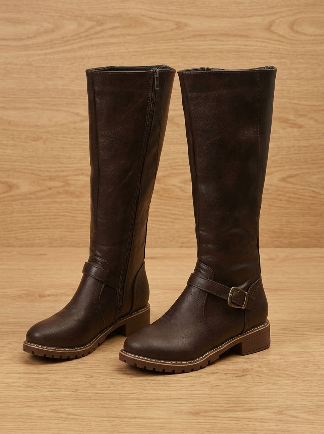 Women's Faux Leather Knee High Boots Buckle Side-Zip