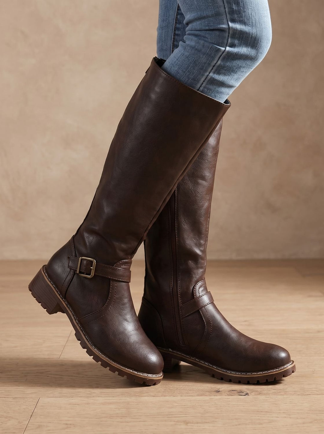 Women's Faux Leather Knee High Boots Buckle Side-Zip - Dark Brown