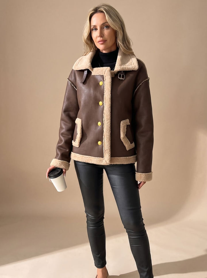 Women's Faux Leather Sherpa-Lined Button-Front Aviator Jacket - Brown