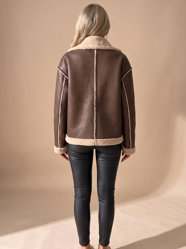 Women's Faux Leather Sherpa-Lined Button-Front Aviator Jacket