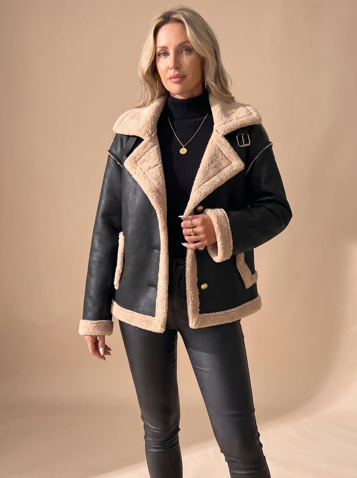 Women's Faux Leather Sherpa-Lined Button-Front Aviator Jacket