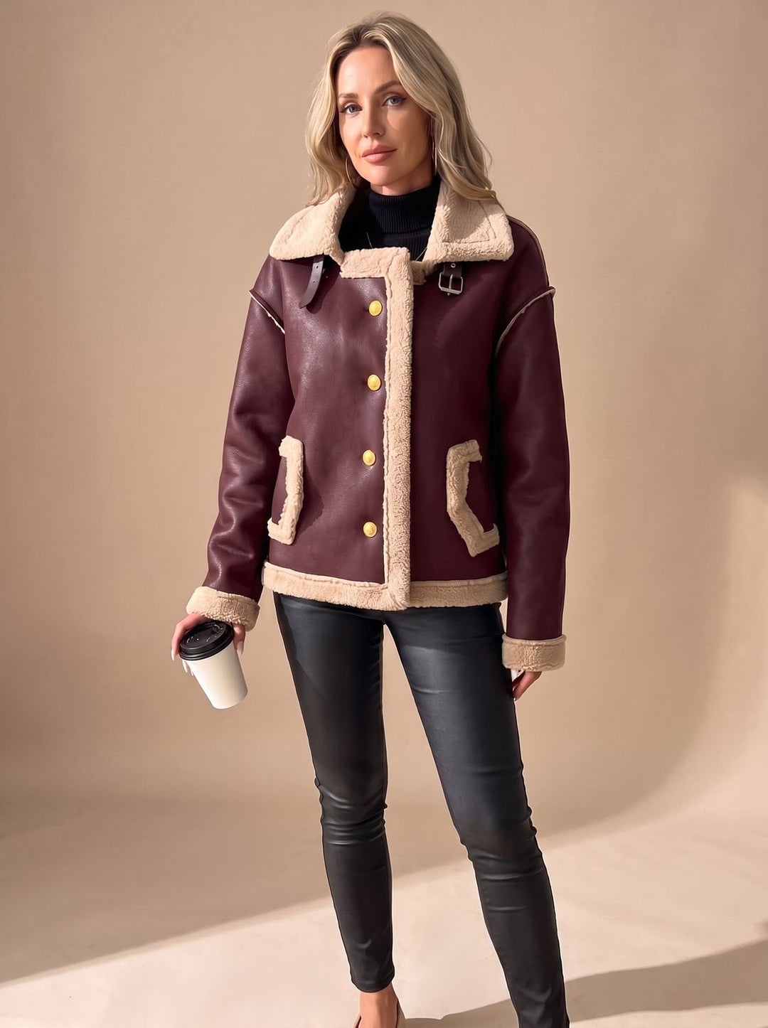 Women's Faux Leather Sherpa-Lined Button-Front Aviator Jacket