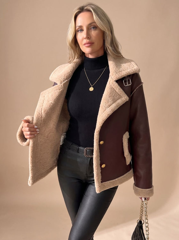 Women's Faux Leather Sherpa-Lined Button-Front Aviator Jacket