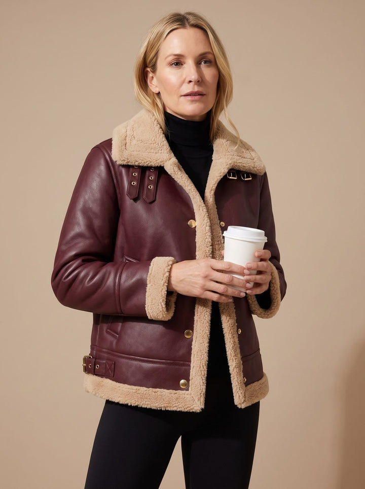 Women's Faux Leather Sherpa-Lined Button-Front Aviator Jacket - Red