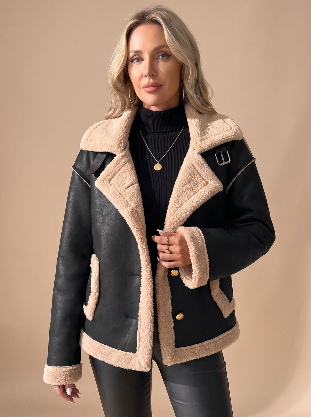 Women's Faux Leather Sherpa-Lined Button-Front Aviator Jacket - Black