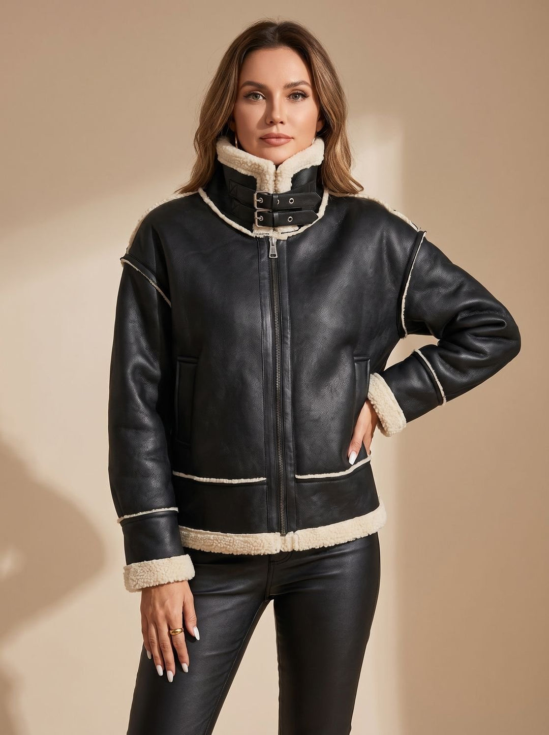 Women's Faux Leather Sherpa-Lined Zip-Up Aviator Jacket