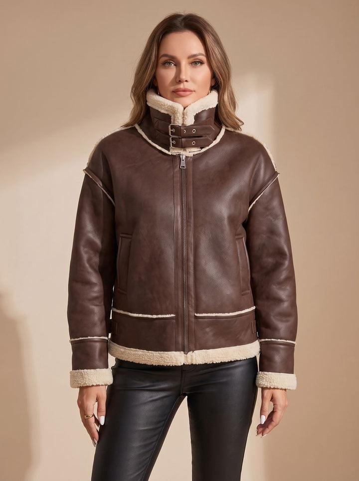 Women's Faux Leather Sherpa-Lined Zip-Up Aviator Jacket