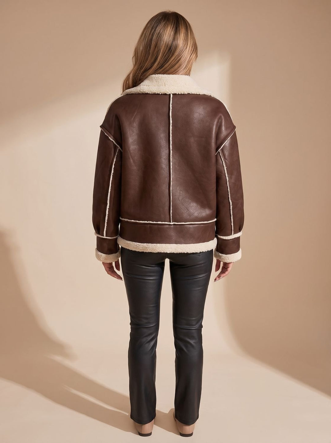 Women's Faux Leather Sherpa-Lined Zip-Up Aviator Jacket