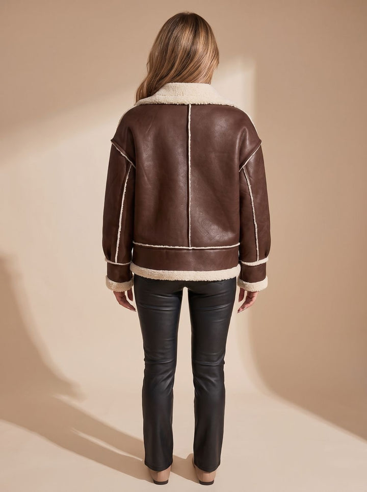 Women's Faux Leather Sherpa-Lined Zip-Up Aviator Jacket