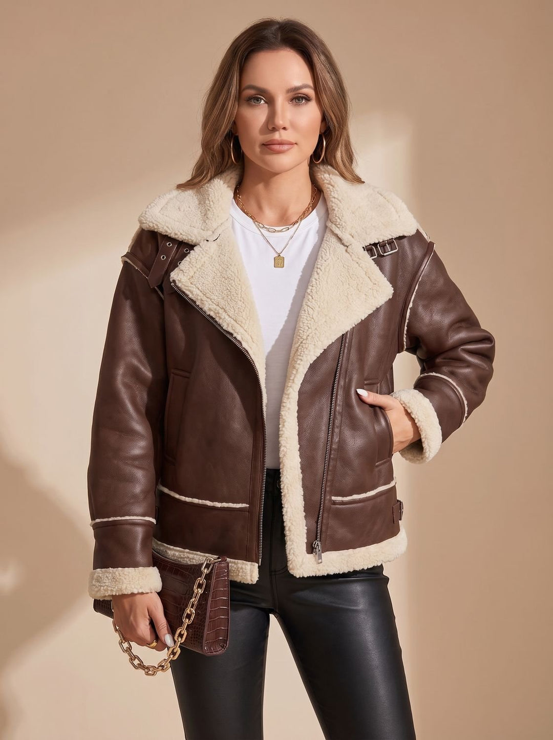 Women's Faux Leather Sherpa-Lined Zip-Up Aviator Jacket
