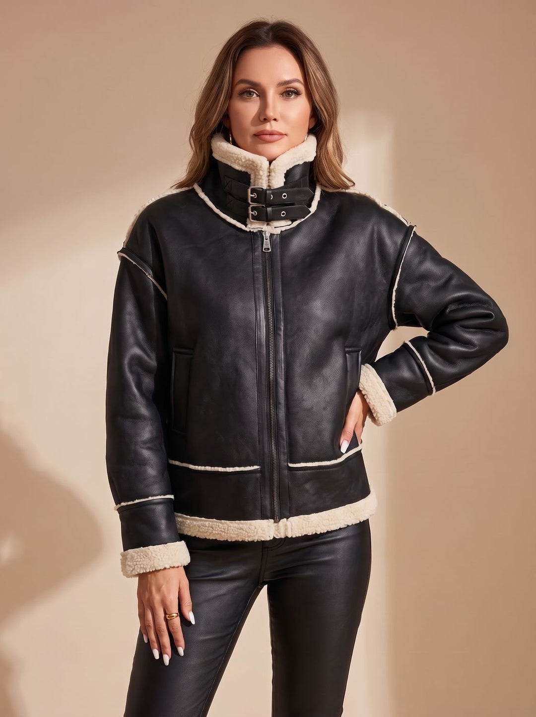 Women's Faux Leather Sherpa-Lined Zip-Up Aviator Jacket - Black