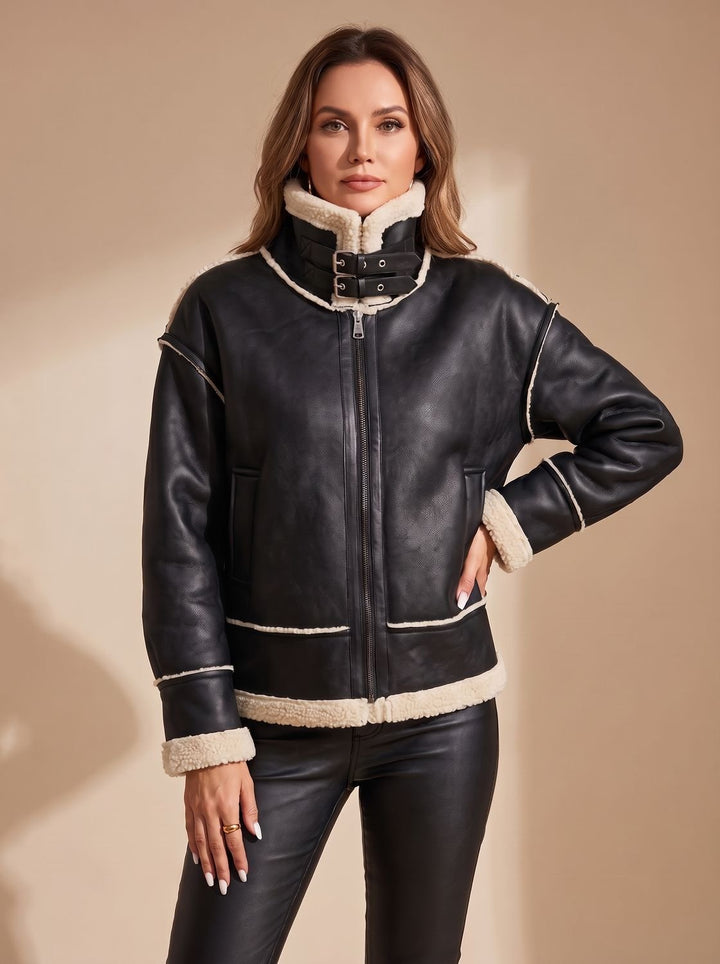 Women's Faux Leather Sherpa-Lined Zip-Up Aviator Jacket - Black