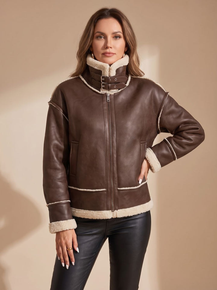 Women's Faux Leather Sherpa-Lined Zip-Up Aviator Jacket - Brown
