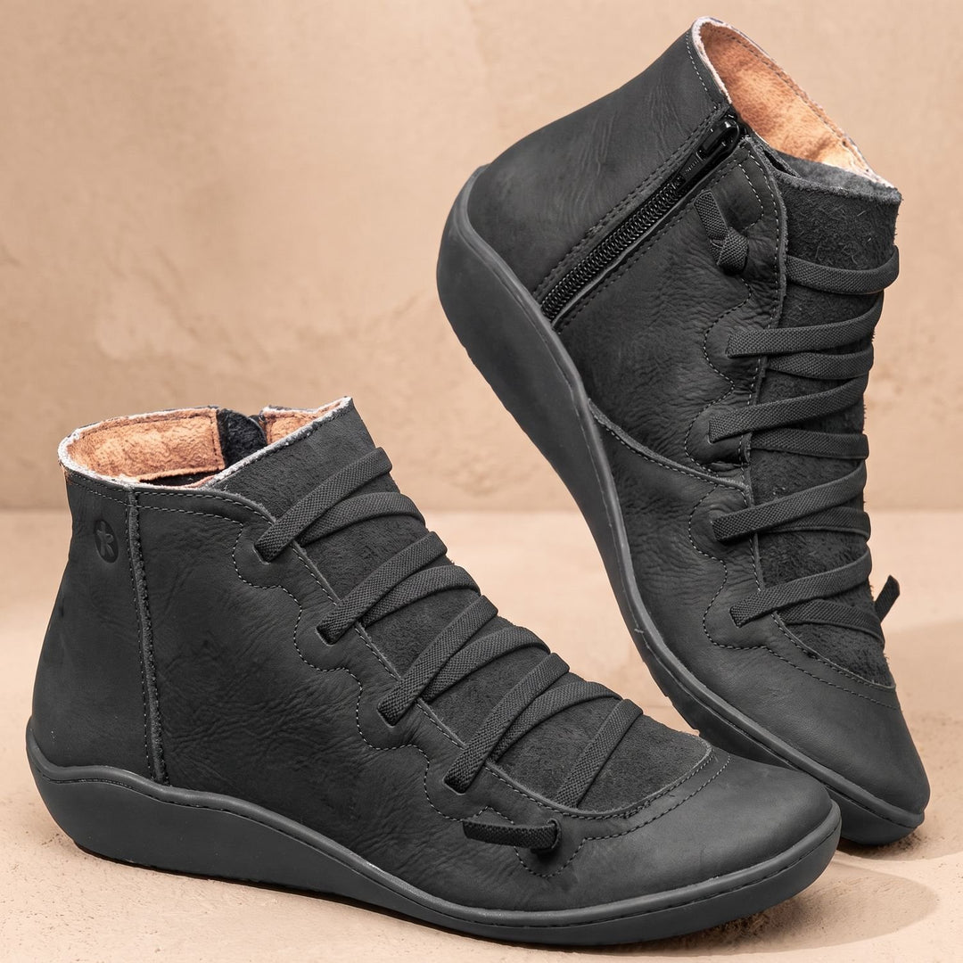 Women's Faux Leather Side-Zip Lace-Up Ankle Boots - Black