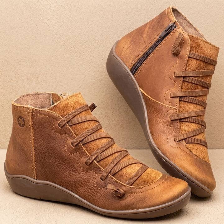 Women's Faux Leather Side-Zip Lace-Up Ankle Boots - Brown