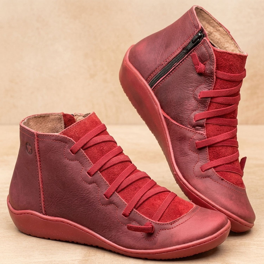 Women's Faux Leather Side-Zip Lace-Up Ankle Boots - Red