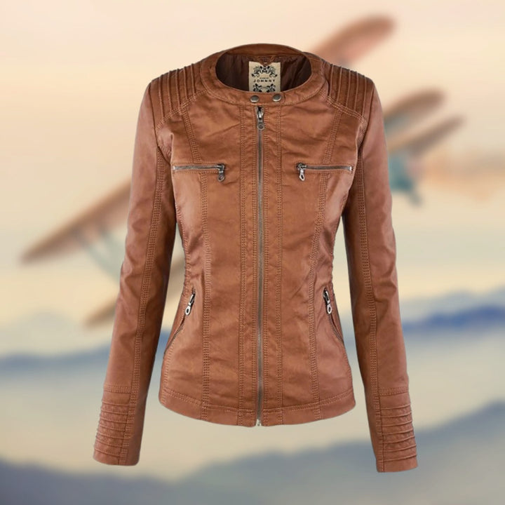 Women's Faux Leather Zip-Up Biker Jacket Ribbed Shoulder Detail - Gold