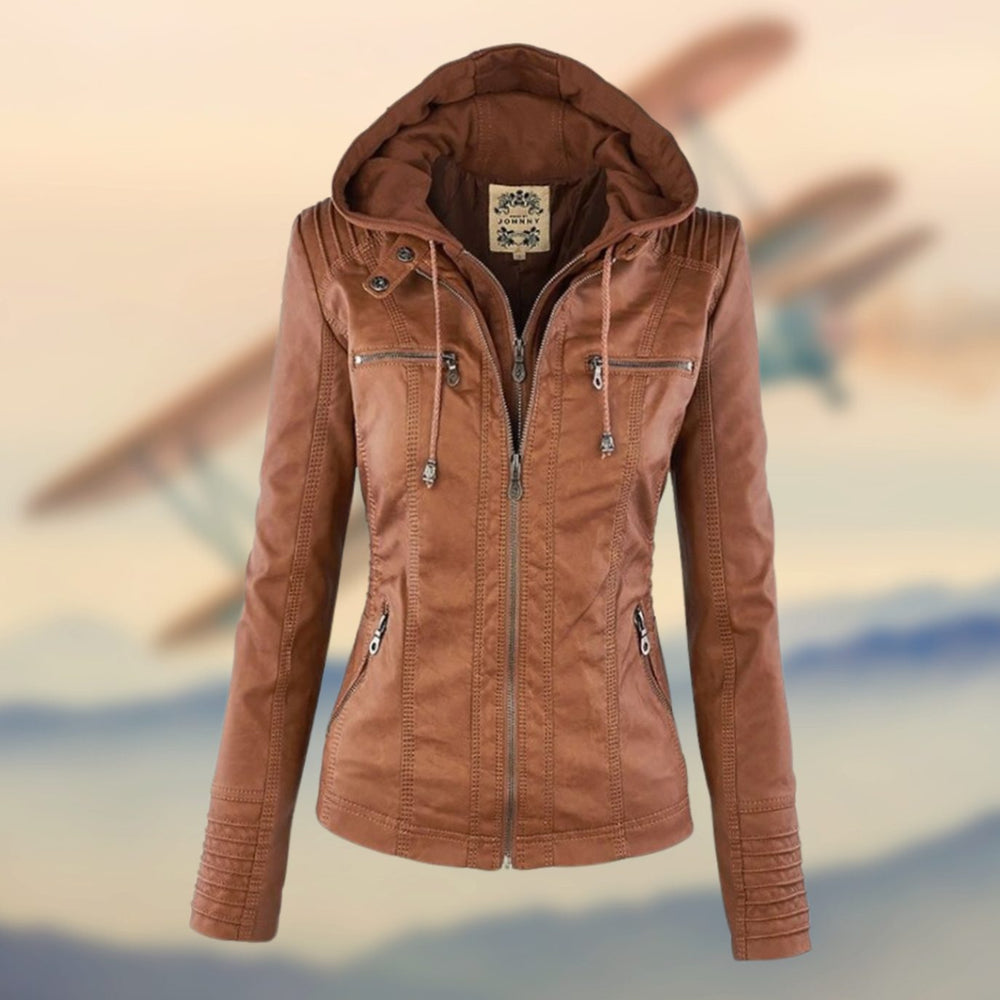 Women's Faux Leather Zip-Up Biker Jacket Ribbed Shoulder Detail