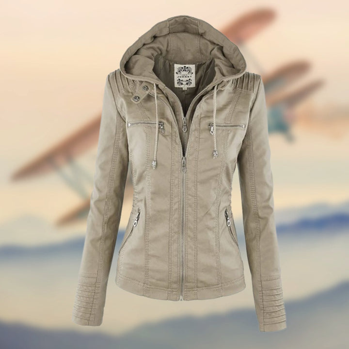 Women's Faux Leather Zip-Up Biker Jacket Ribbed Shoulder Detail - Beige