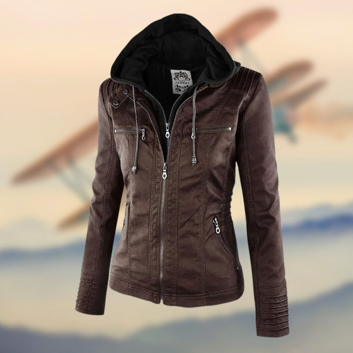 Women's Faux Leather Zip-Up Biker Jacket Ribbed Shoulder Detail - Brown