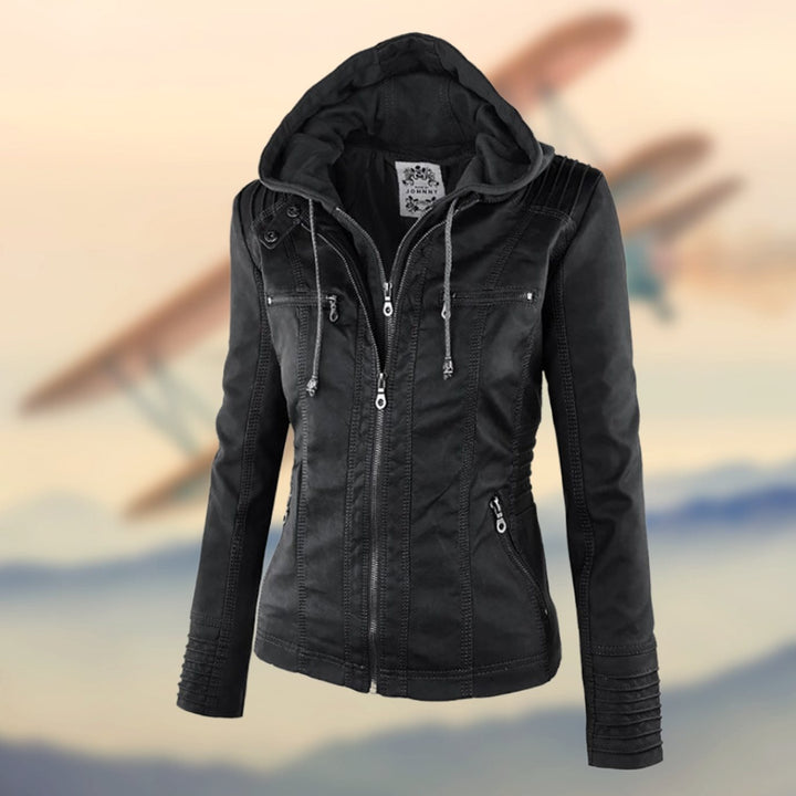 Women's Faux Leather Zip-Up Biker Jacket Ribbed Shoulder Detail - Black