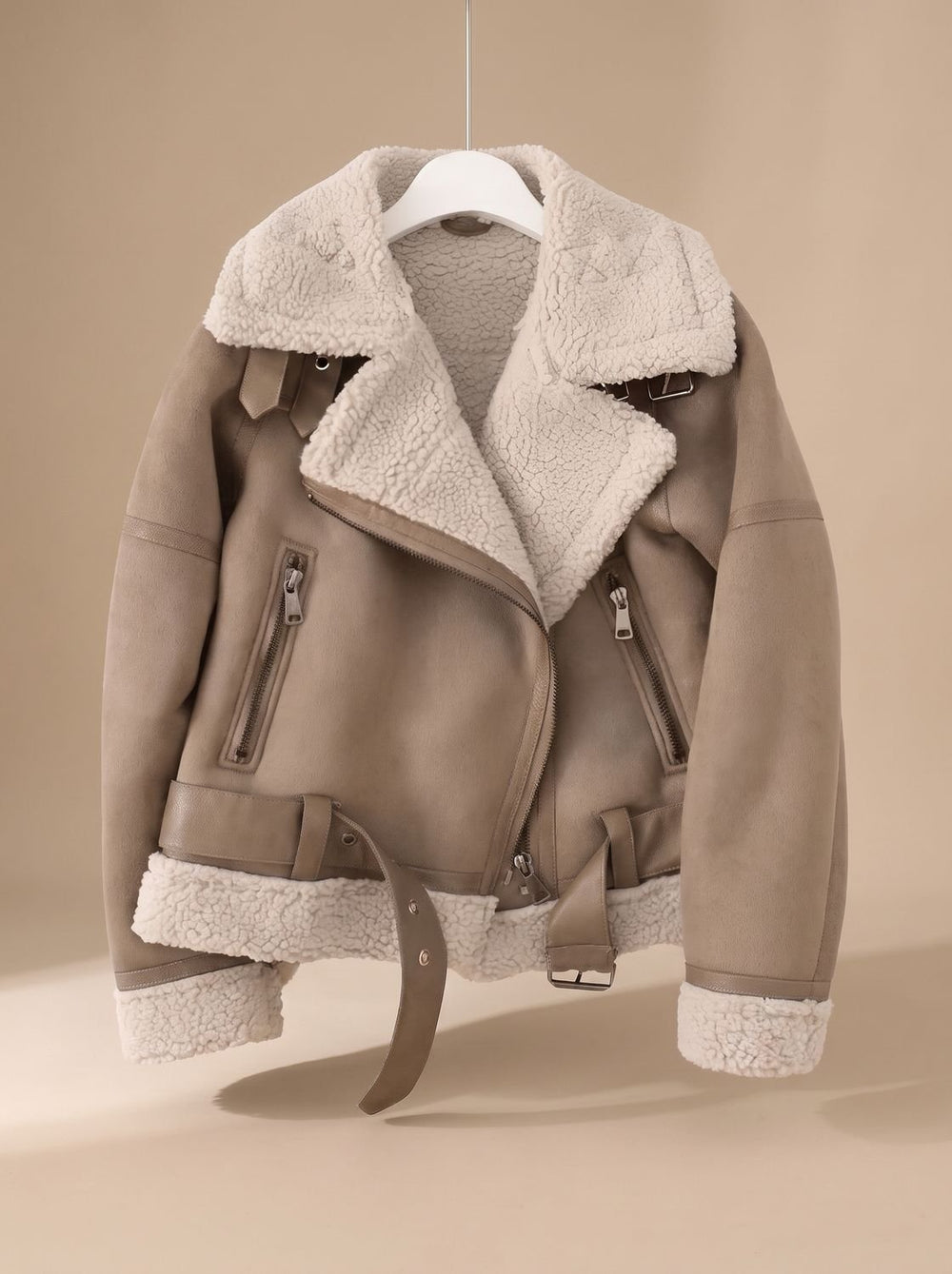 Women's Faux Shearling Aviator Jacket Belted Asymmetric Zip - Brown