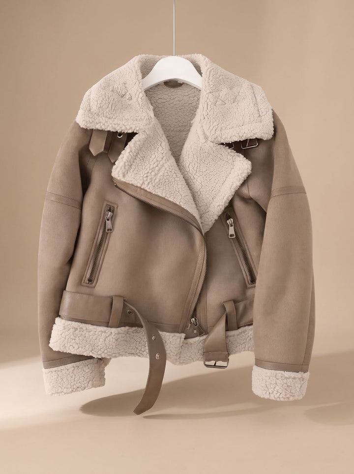 Women's Faux Shearling Aviator Jacket Belted Asymmetric Zip - Brown
