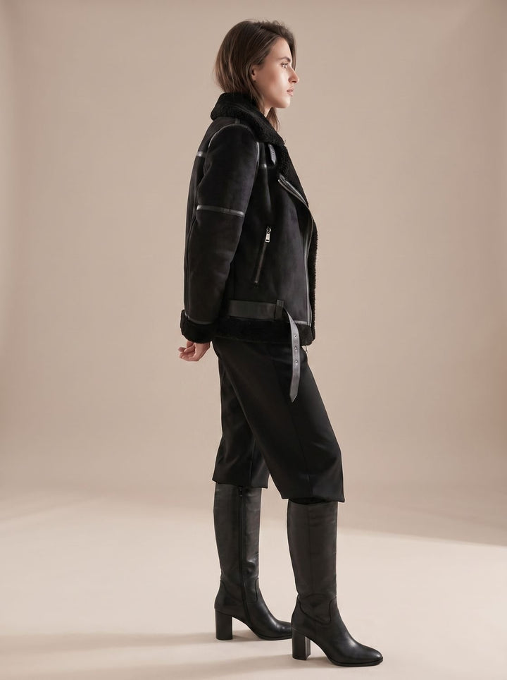 Women's Faux Shearling Aviator Jacket Belted Asymmetric Zip