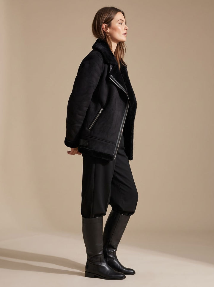 Women's Faux Shearling Aviator Jacket Belted Asymmetric-Zip