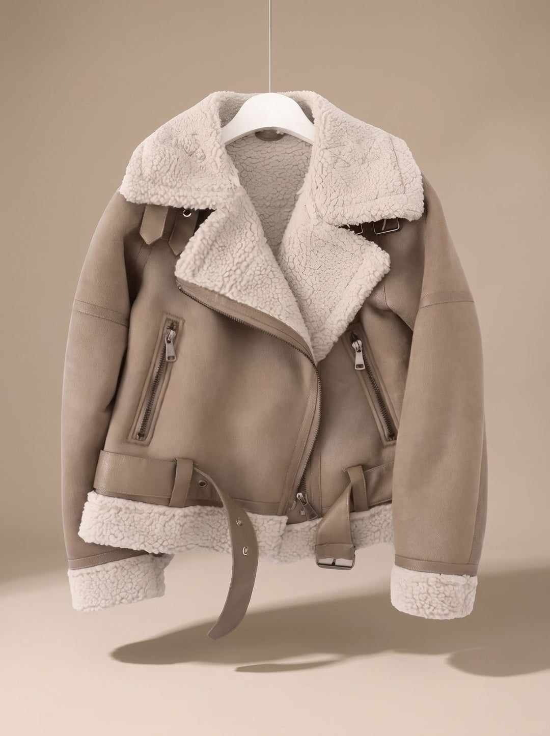 Women's Faux Shearling Aviator Jacket Belted Asymmetric-Zip - Brown