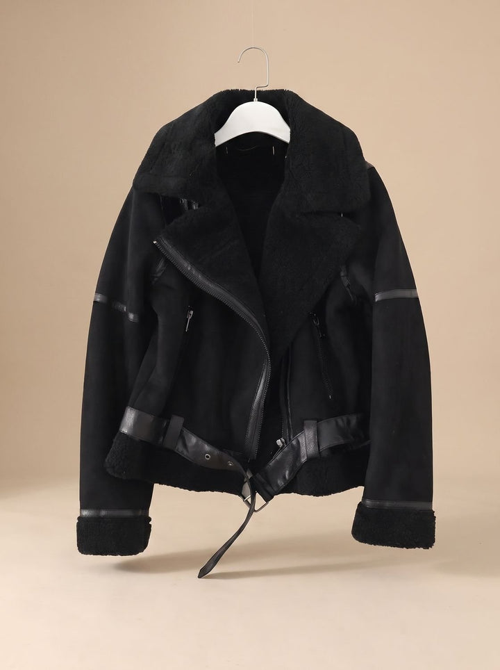 Women's Faux Shearling Aviator Jacket Belted Asymmetric Zip - Black