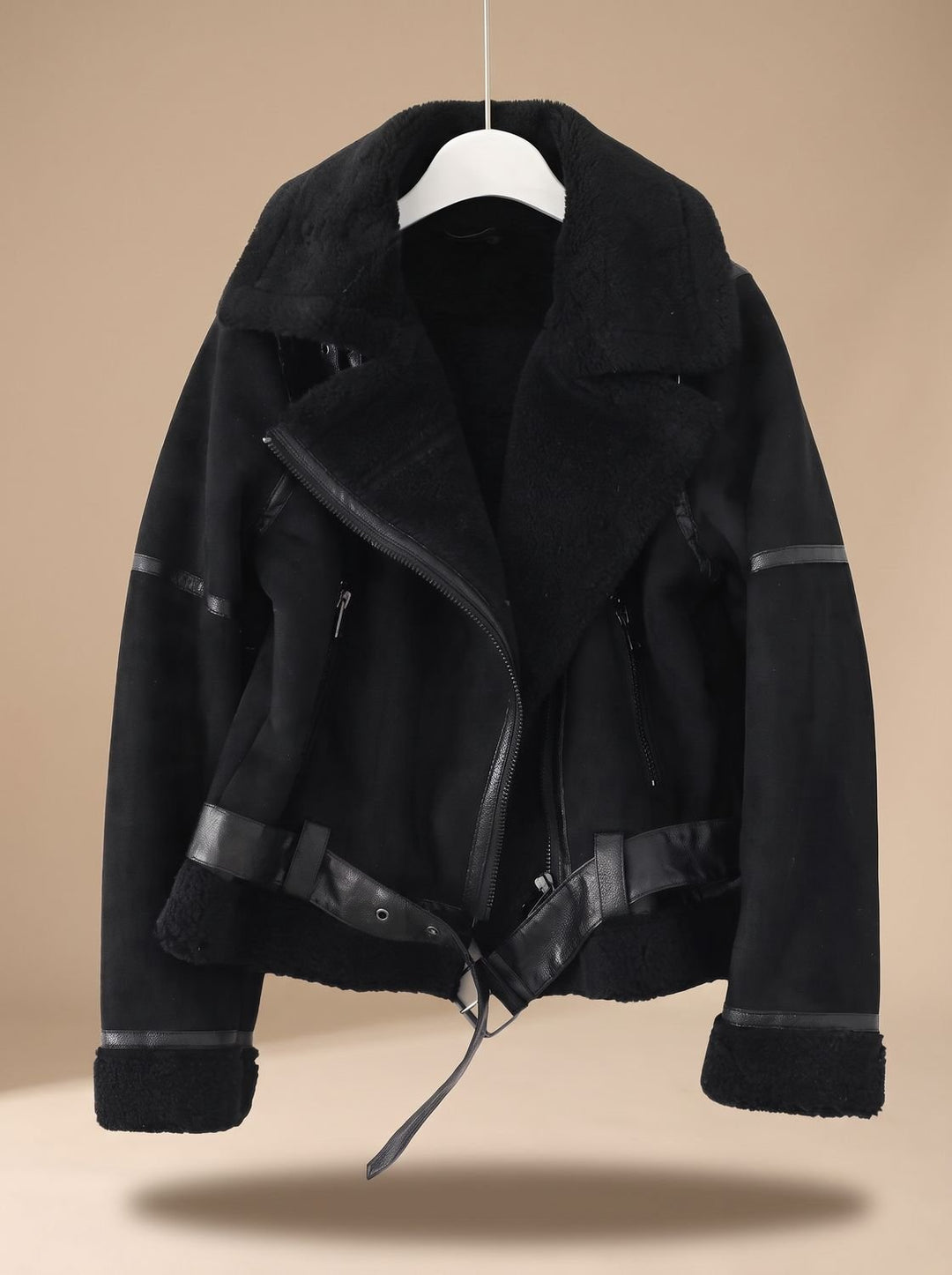 Women's Faux Shearling Aviator Jacket Belted Asymmetric-Zip - Black