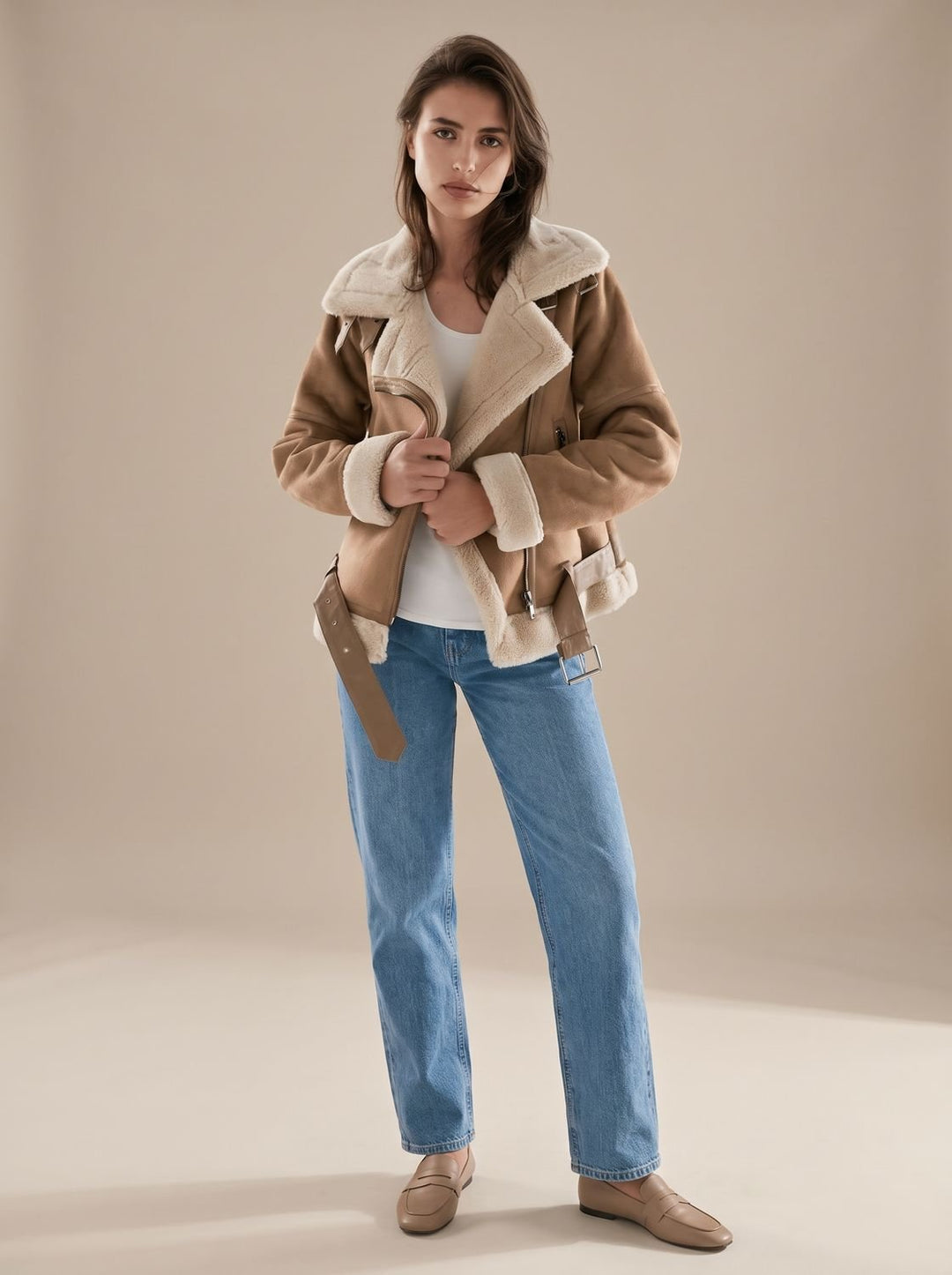 Women's Faux Shearling Aviator Jacket Belted Asymmetric Zip