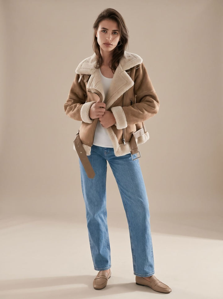 Women's Faux Shearling Aviator Jacket Belted Asymmetric Zip