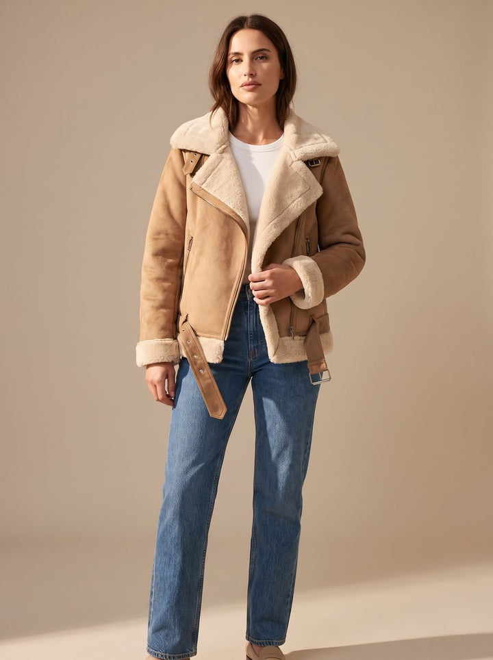 Women's Faux Shearling Aviator Jacket Belted Asymmetric-Zip