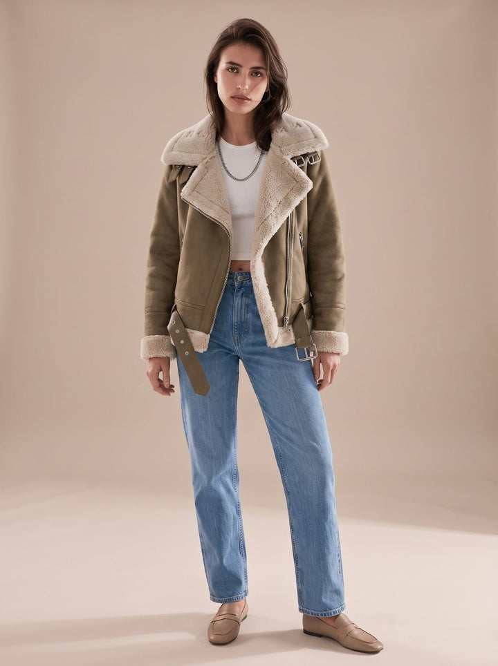 Women's Faux Shearling Aviator Jacket Belted Asymmetric Zip