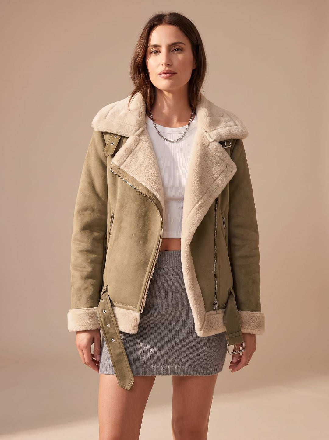 Women's Faux Shearling Aviator Jacket Belted Asymmetric-Zip