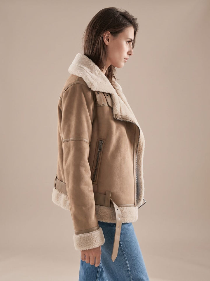 Women's Faux Shearling Aviator Jacket Belted Asymmetric Zip