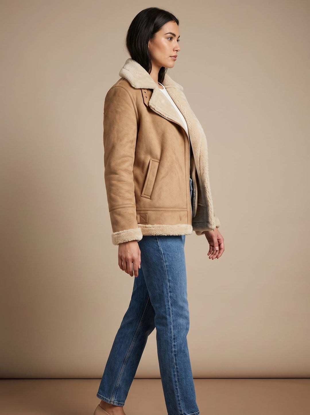 Women's Faux Shearling Aviator Jacket Belted Asymmetric-Zip