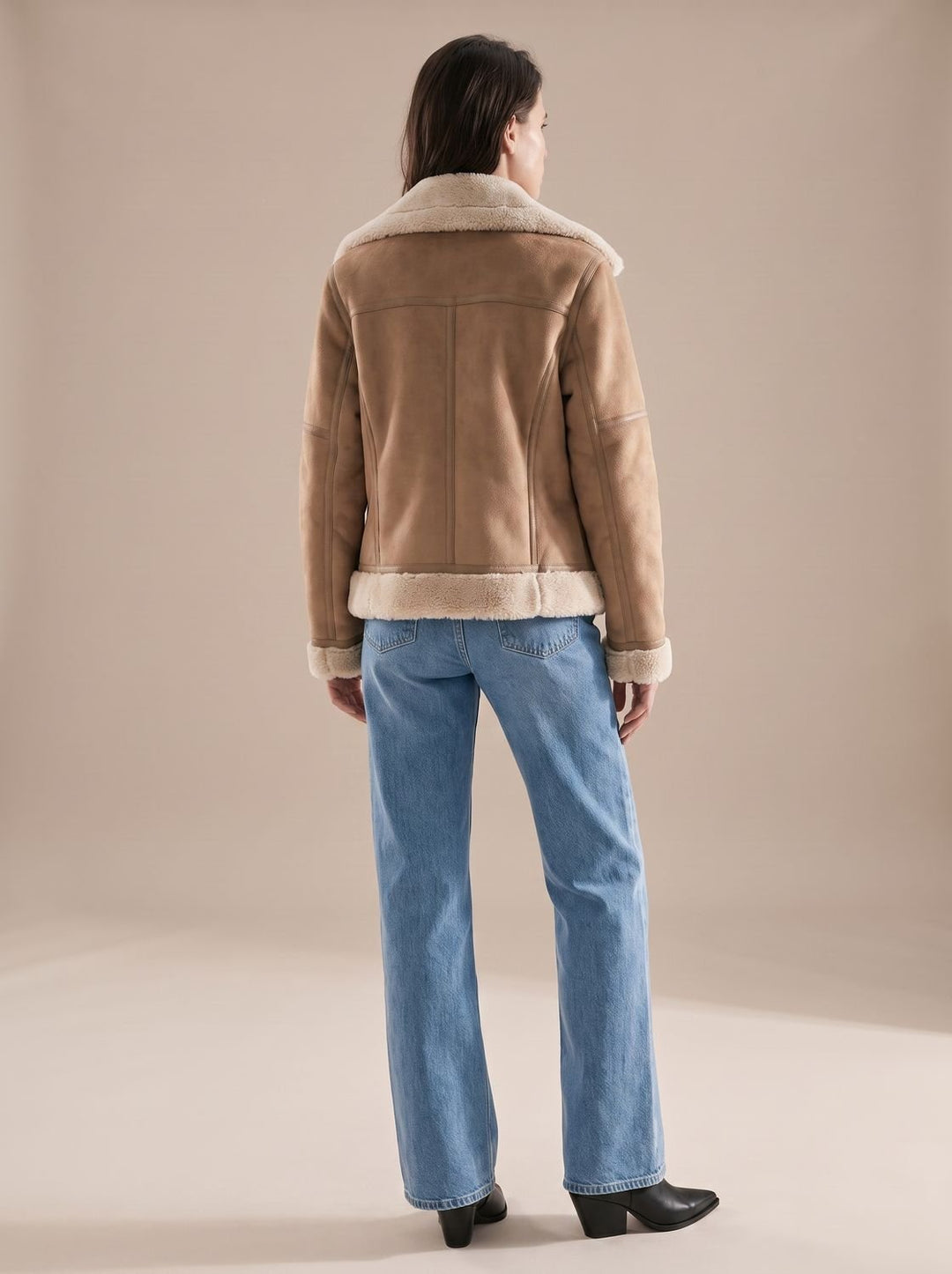 Women's Faux Shearling Aviator Jacket Belted Asymmetric Zip
