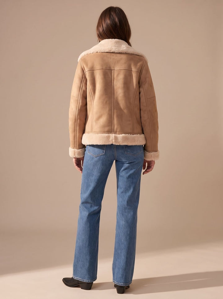 Women's Faux Shearling Aviator Jacket Belted Asymmetric-Zip