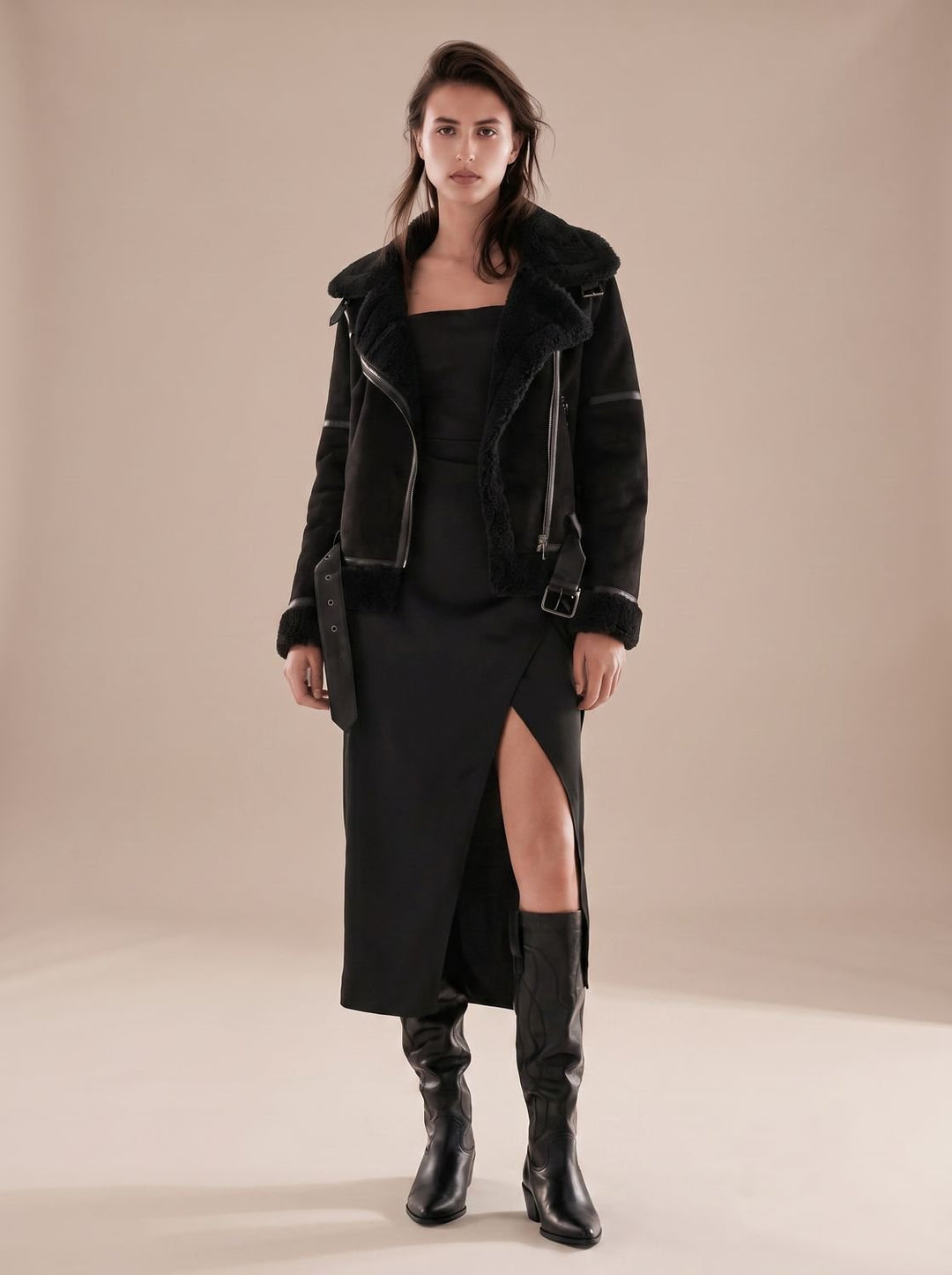 Women's Faux Shearling Aviator Jacket Belted Asymmetric Zip