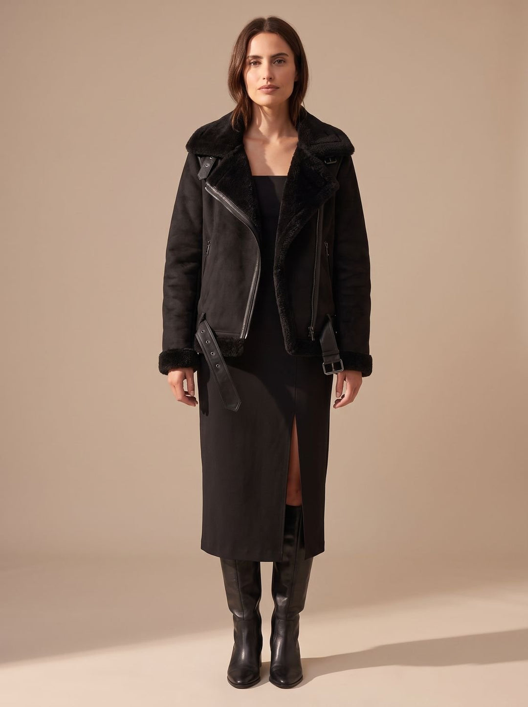 Women's Faux Shearling Aviator Jacket Belted Asymmetric-Zip