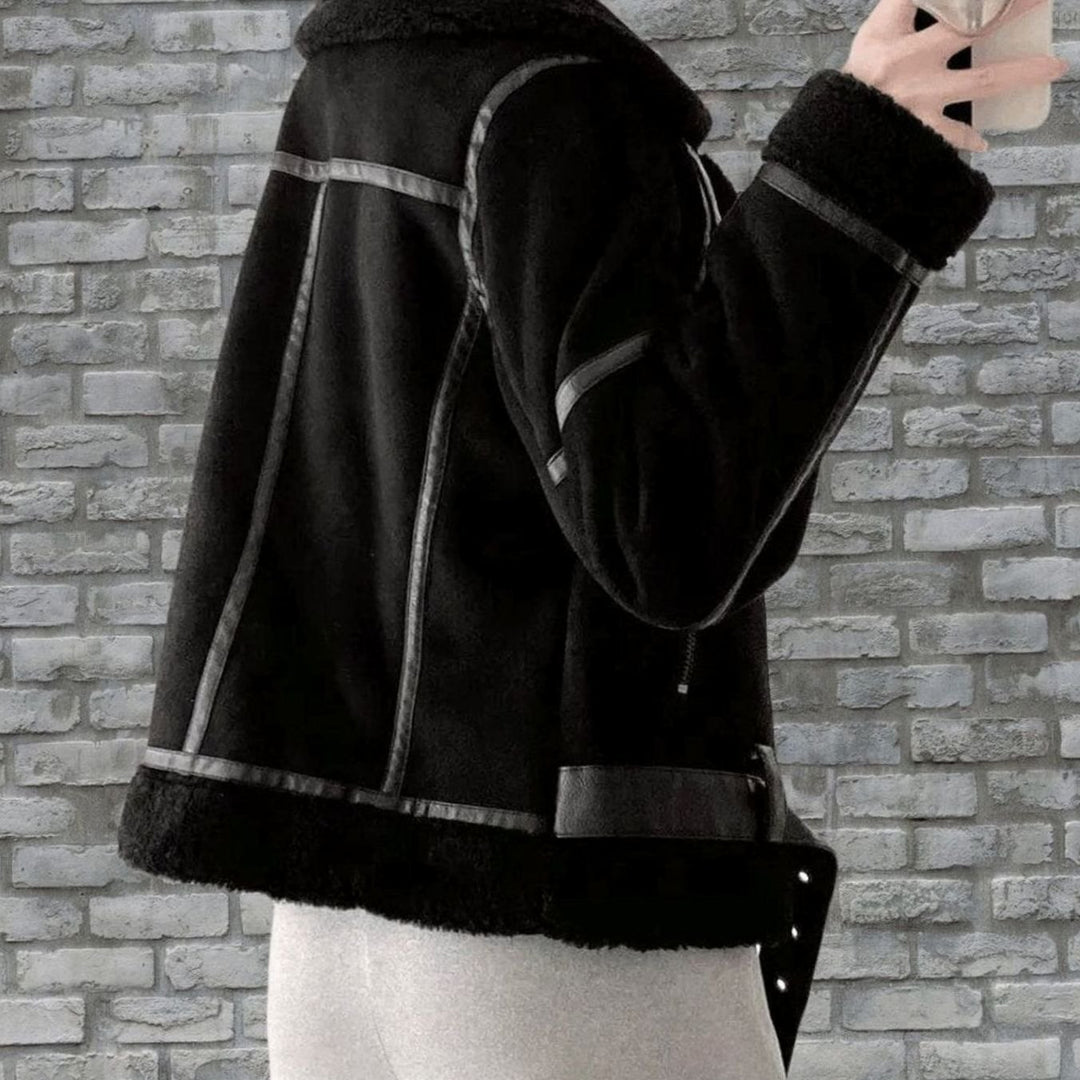 Women's Faux Shearling Aviator Jacket Belted Asymmetric Zip
