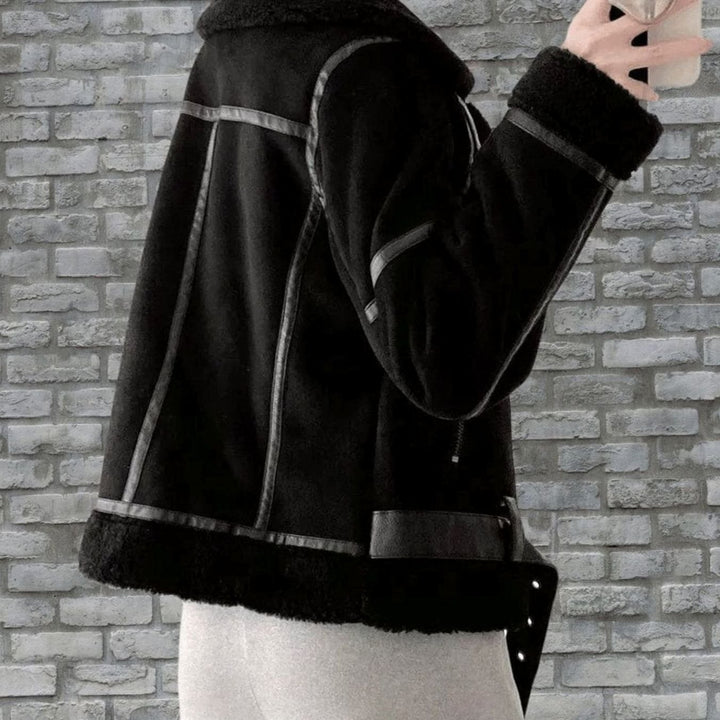 Women's Faux Shearling Aviator Jacket Belted Asymmetric Zip