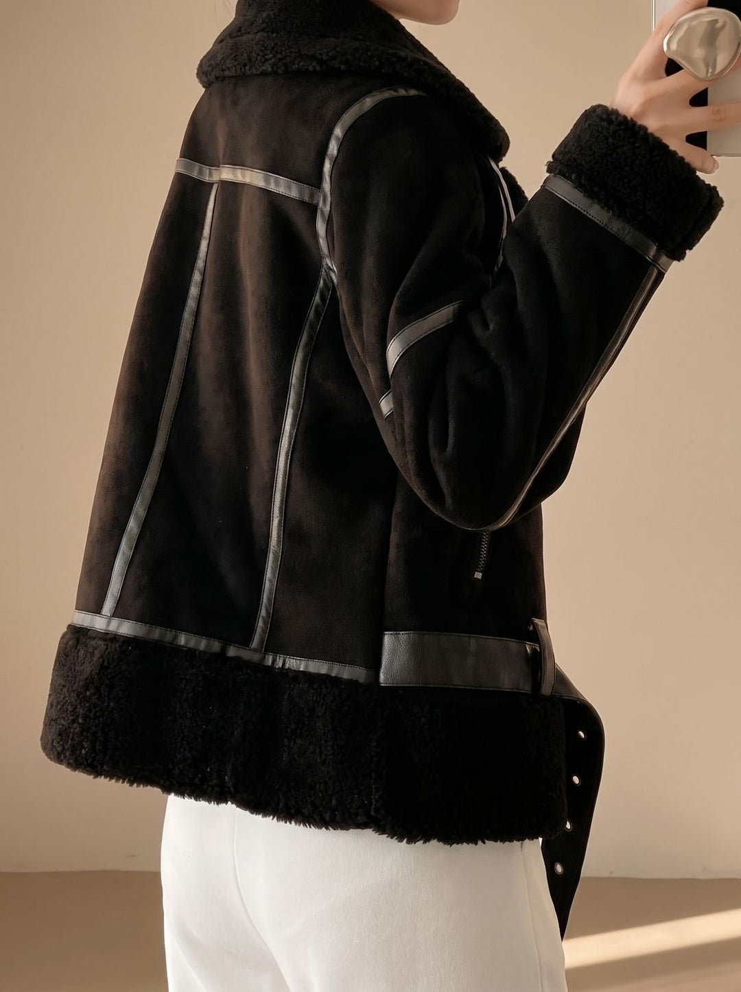Women's Faux Shearling Aviator Jacket Belted Asymmetric-Zip