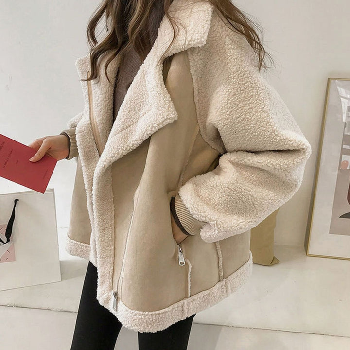 Women's Faux Shearling Relaxed-Fit Zip-Up Oversized Coat - Beige