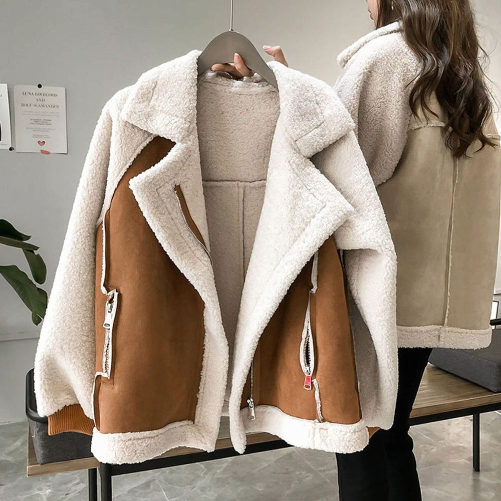 Women's Faux Shearling Relaxed-Fit Zip-Up Oversized Coat - Brown