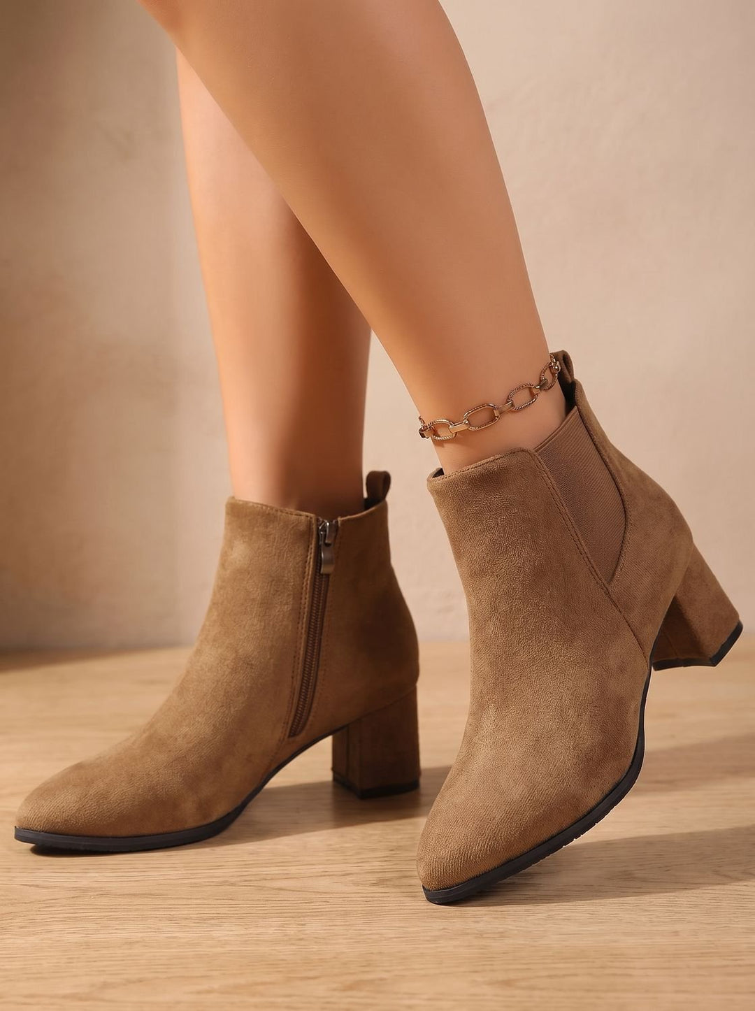 Women's Faux Suede Block-Heel Side-Zip Ankle Boots - Brown